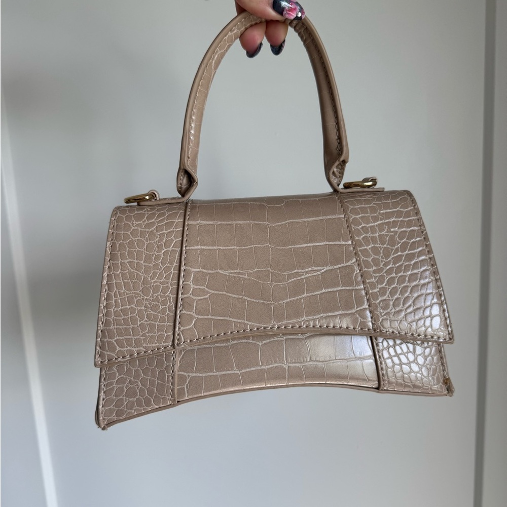 Taupe Croc-Embossed Top Handle Bag